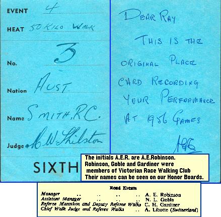 the placecard recording Ray Smith's 6th place in the 50 km